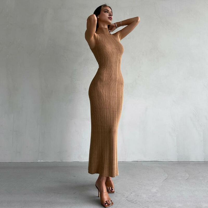 Slim Fit Women Dress Elegant Maxi Dress for Women Solid Color High Collar Knitted Off Shoulder Dress for Club Party Date Nights