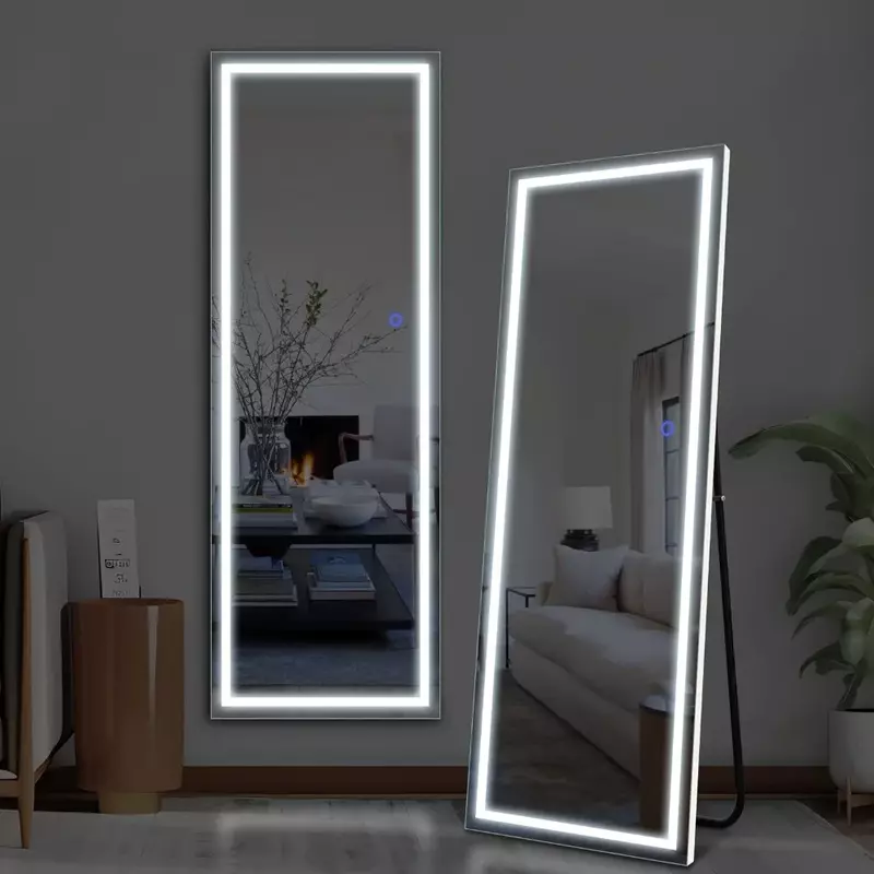 Full Body Mirror 63 X 16 Inch Full Length Mirror With LED Lights White With Stand Mirrors Floor Large Standing Living Room Home