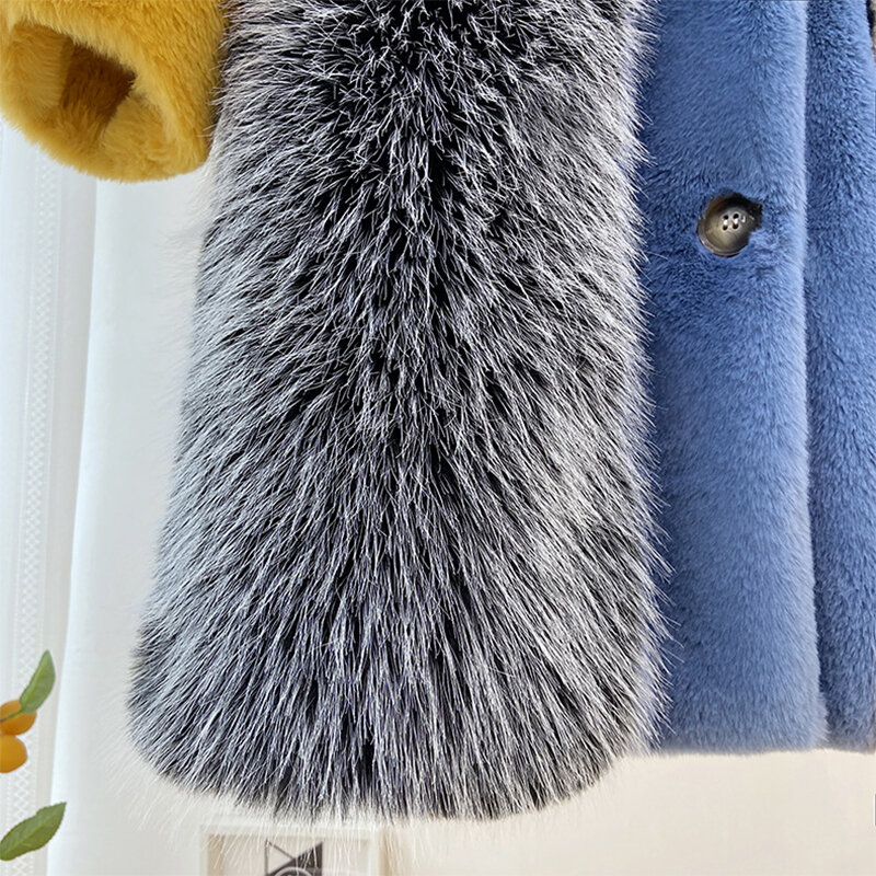 Женские зимние куртки из искусственного меха, пушистое теплое пальто контрастных цветов, синее, желтое пушистое пальто, длинная куртка, Женское пальто, зима 2023