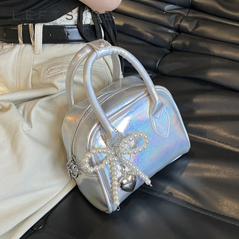 Design Mini PU Leather Short Handle Shoulder Bag for Women 2024 Korean Fashion Handbags Female Simple Silver Crossbody Bags