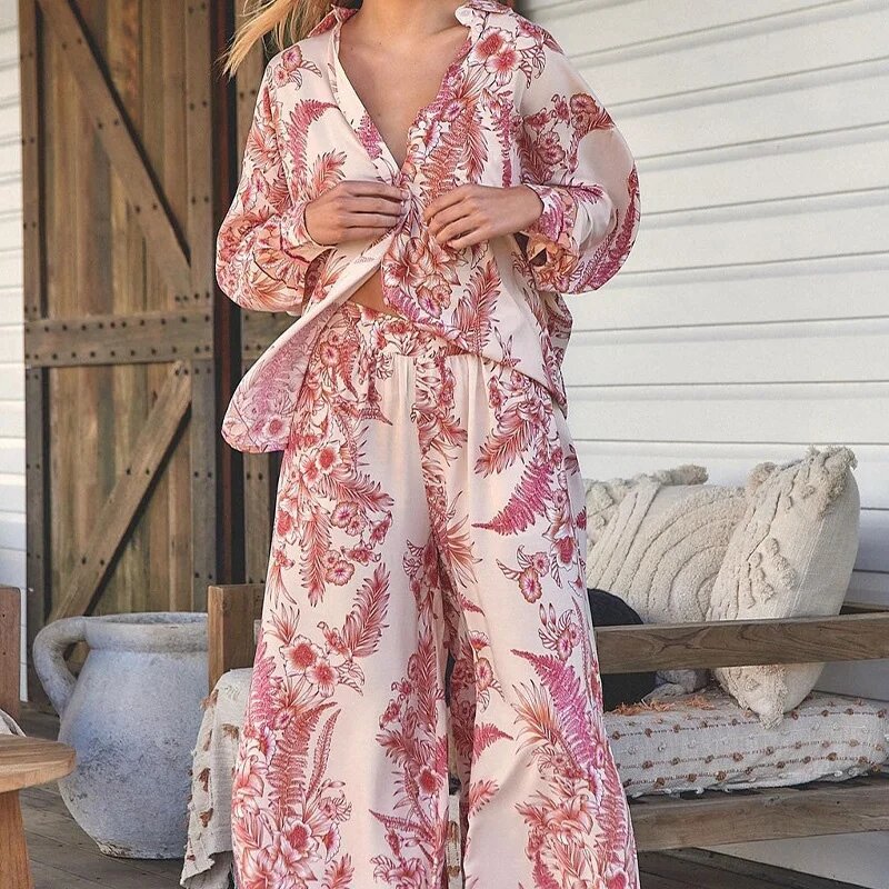 Комплект пижамный женский из 2 предметов, элегантная рубашка с длинным рукавом, на пуговицах, с цветочным принтом, брюки с широкими штанинами, свободная одежда для сна