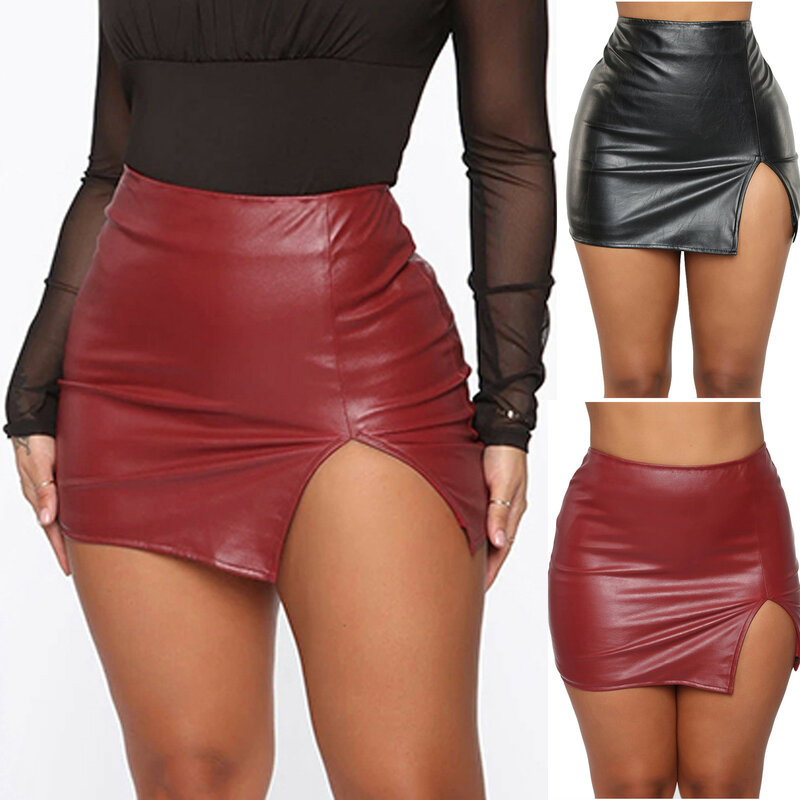 Leather Night Clubwear Skirts Women Summer Pure Color PU-leather Zipper Sexy Hip Leather MIni Skirts Faldas Mujer Moda 2023