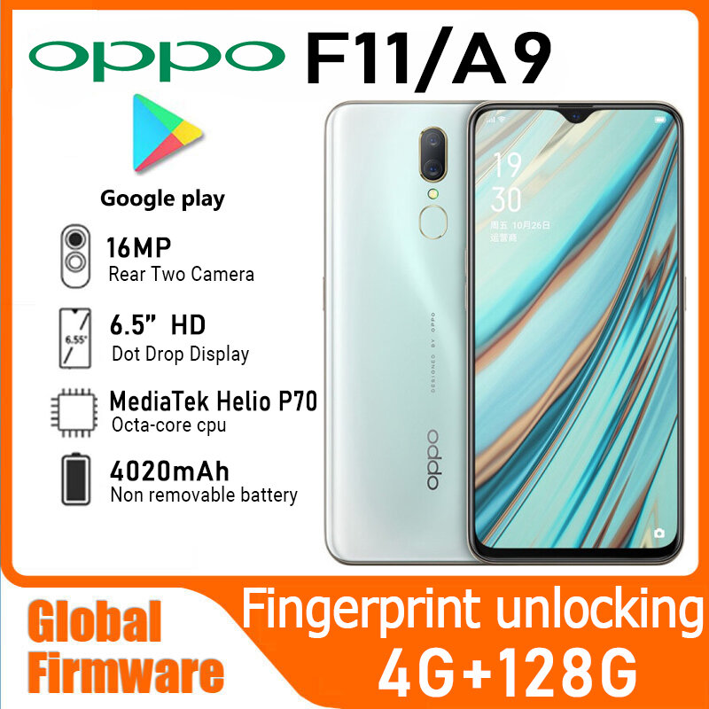 OPPO F11 A9 Smartphone, MediaTek Helio P70, Android 4G, 128GB, Desbloqueio de impressão digital, 16MP, 4020mAh, Desbloqueio de impressão digital traseira