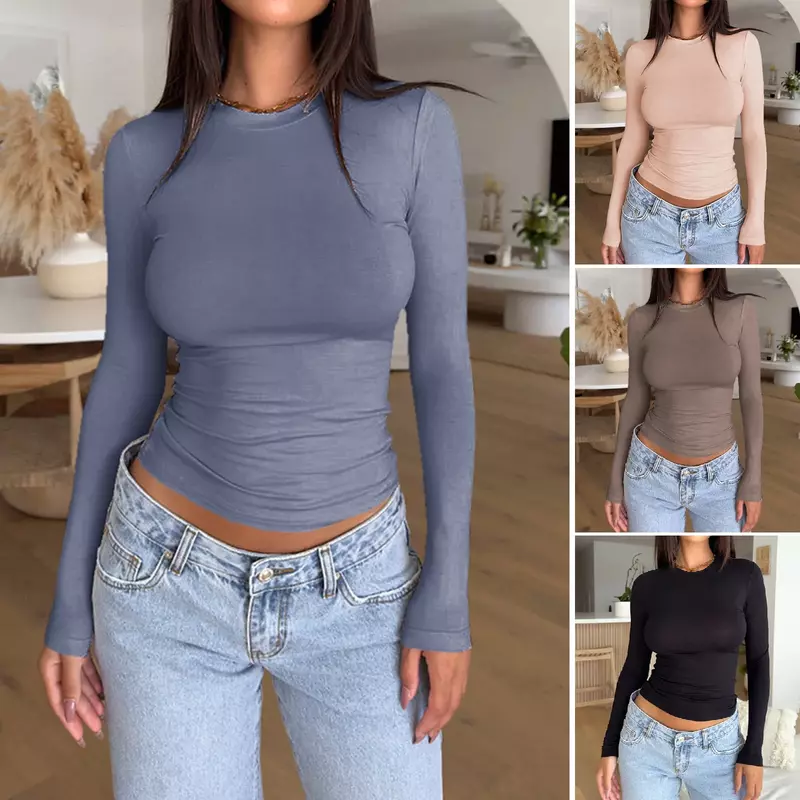 YEAE Long Sleeve Solid Colour Y2K Style Sexy Slim Slim Women's Top Spring and Summer Hot Sale Casual Fashion Round Neck Tops New