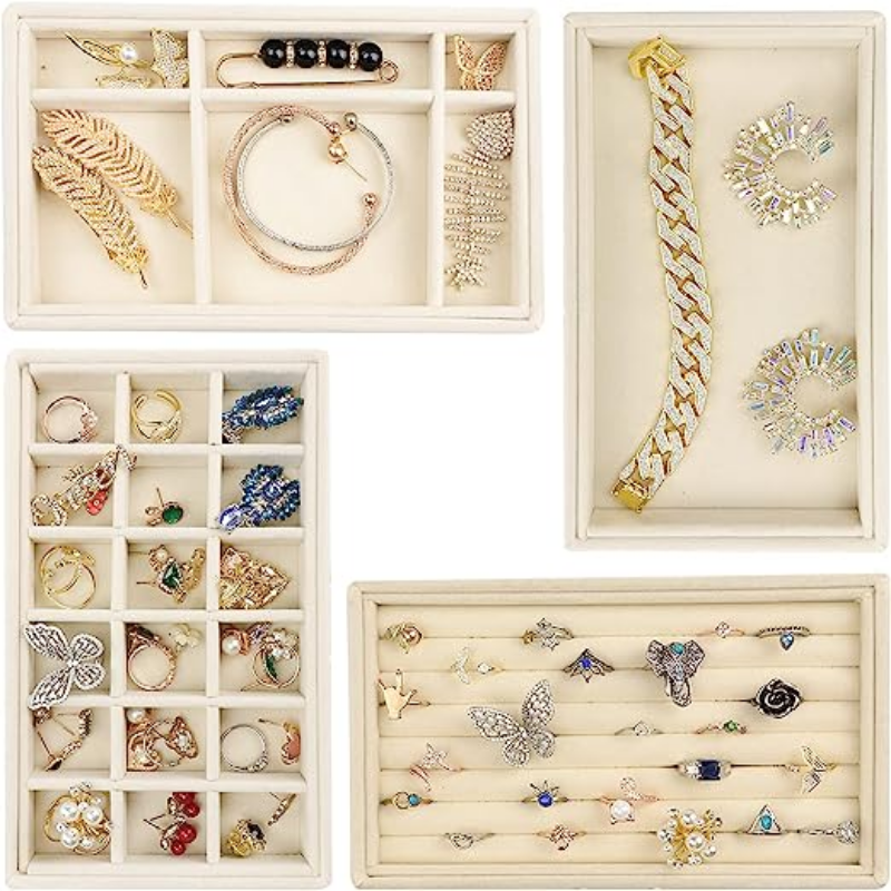 Bandeja de terciopelo para almacenamiento de joyas, cajón pequeño apilable, Beige, cajas de joyería y embalaje adecuado para anillos y pendientes, Simple y práctico