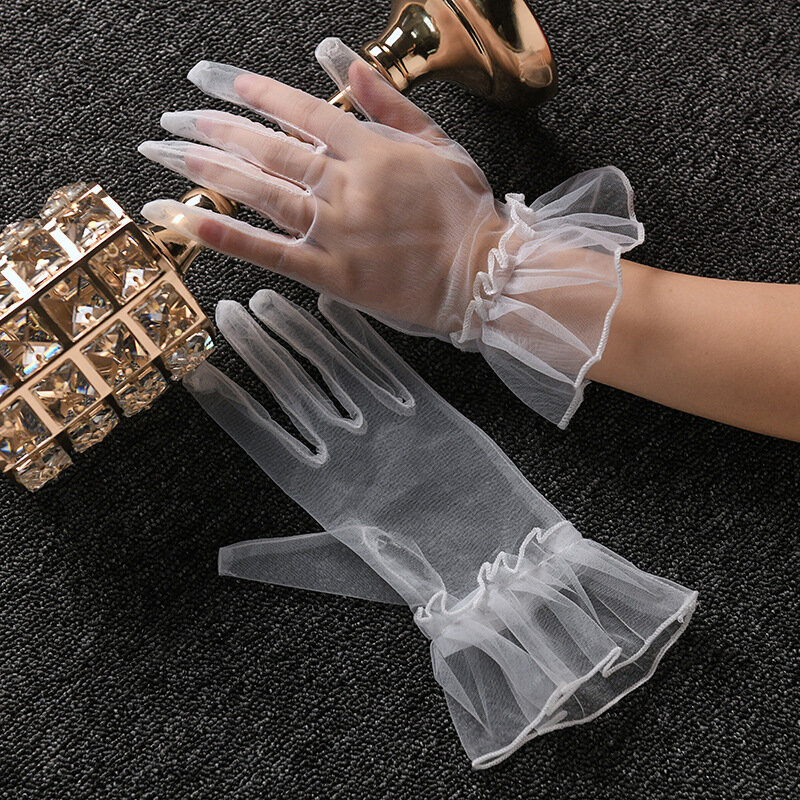 Sarung tangan renda jari penuh wanita, sarung tangan Ultra tipis Tulle pendek etiket elastis gunting daun Lotus transparan 1 pasang