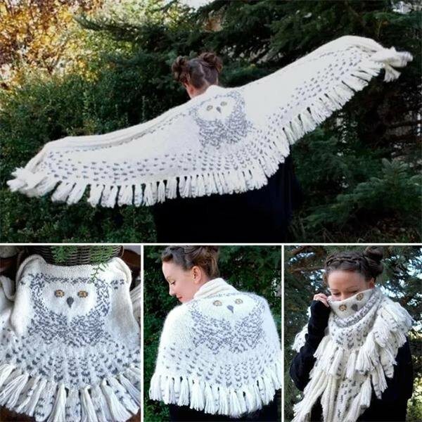 Retro Owl Scarf Hedwig Knitting Pattern Thick Warm Winter Scarf Women Lady Wrap Tassel Scarves Knitted Ladies Shawl Wrap Female
