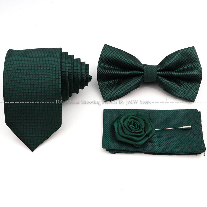4pcs Solid Color Slim Plaid Tie Set Polyester Necktie Bowtie Cufflink Brooch For Groom Suit Wedding Cravat Shirt Accessory Gift
