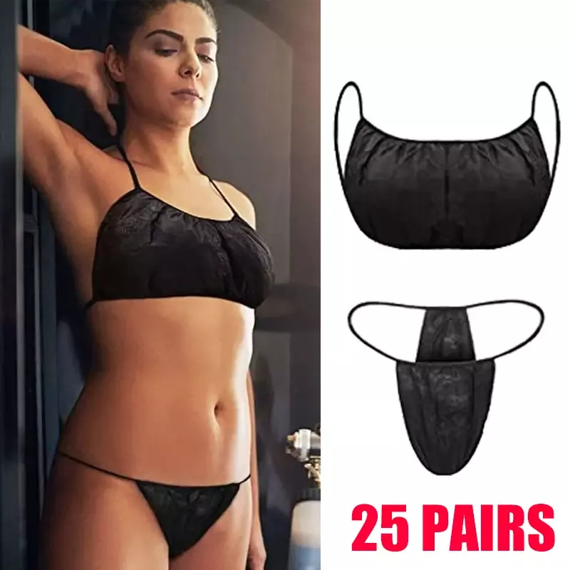 25Sets Black Disposable Non-Woven Fabric Bra Tops Thong Women Underwear Breathable Lingerie Brassiere for Beauty Salon Spa Sauna