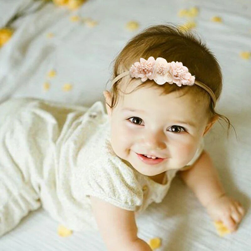 Bando bunga elastis bayi perempuan, aksesori rambut Anak ikat kepala nilon lembut 3 buah/set
