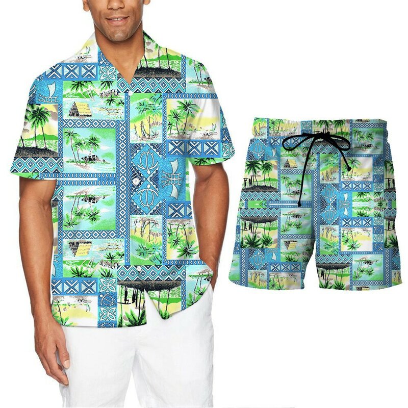 Set kemeja lengan pendek pria, baju pantai Hawai kasual lengan pendek musim panas