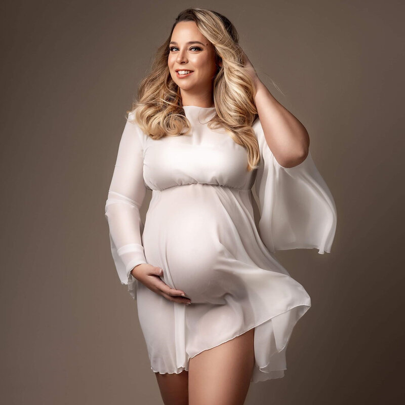Półprzezroczysta miękka szyfonowa biała tiulowa sukienka ciążowa zdjęcie ciążowe fotografia sukienka dla kobiet rekwizyty odzieżowe Studio