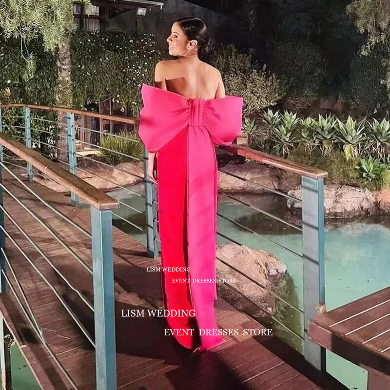 LISM Elegant Red Mermaid Evening Dresses Off Shoulder Big Bow Puff Sleeve Prom Occasion Gown Backless Side Split Party Dress