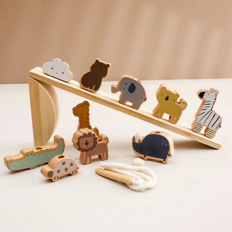 Baby Animal Threading Seesaw Toys Wooden Stacking Toys Blocks Game Montessori Hands-on Balance Ability Educational Children Gift