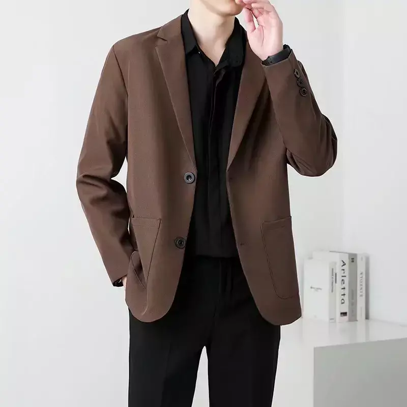Jaqueta casual slim fit masculina, blazer formal de escritório, vestido empresarial coreano, marrom e preto, na moda social
