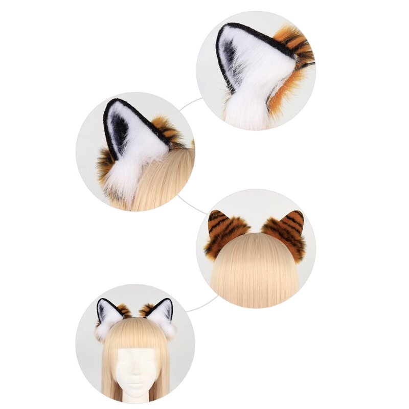 Tigeres Ear Headband Wolf Animal Tail Cosplay Costume Furs Hair Clip Headdress