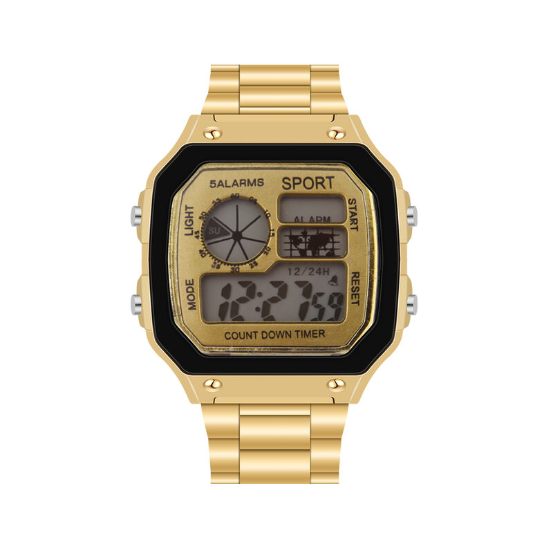 Męskie zegarki wodoodporny LCD kolorowe zimne światło zegarek ze stali nierdzewnej cyfrowy zegarek 5 budzik czas na świecie modne zegarki
