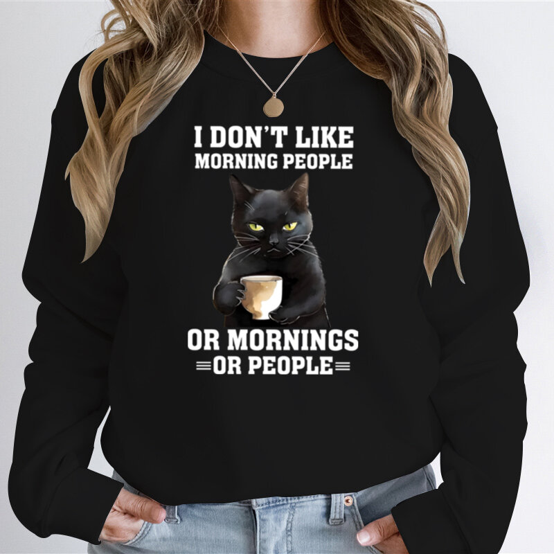 Hoodie wanita gambar grafis kasual kaus hoodie hitam kucing saya tidak suka orang pagi Sweatshirt Klasik Kopi minuman kucing hitam