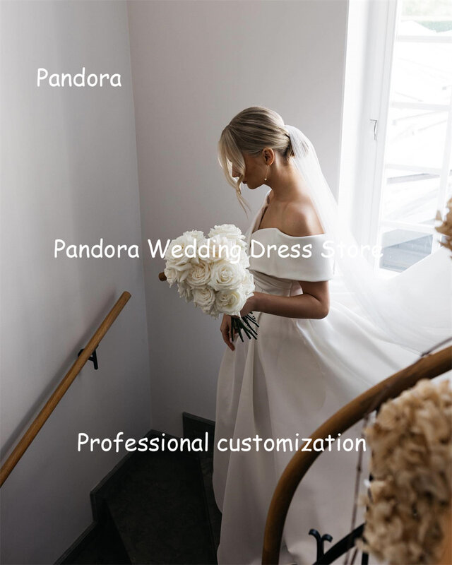 Gaun pengantin gading bahu terbuka lipatan A-line Satin Pandora gaun pernikahan Formal elegan panjang lantai untuk 2024 wanita