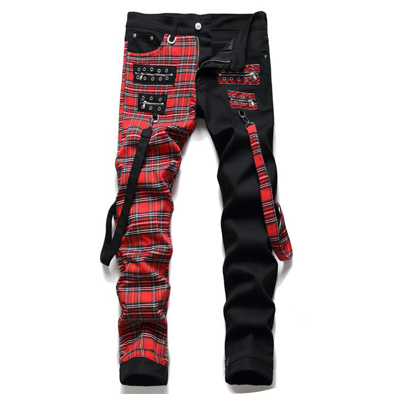 Męskie jeansy Punk spodnie dżinsowe czaszka patchworkowy Streetwear Hip-Hop Harajuku chusta moda Slim Fit drukuj modne spodnie