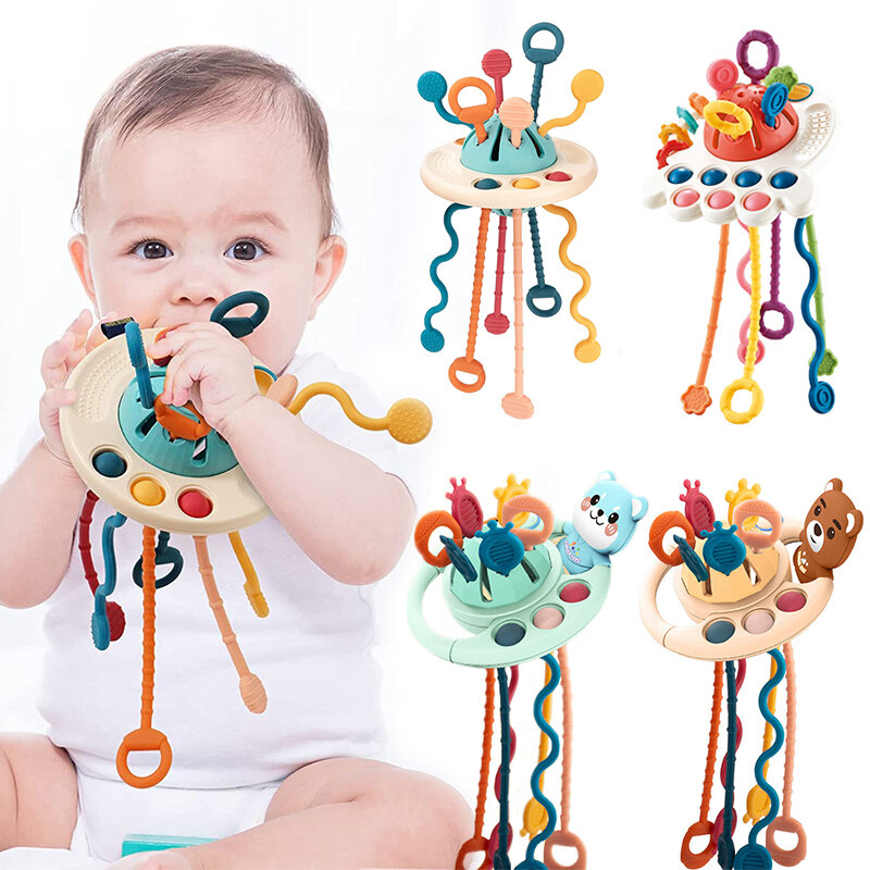 Mainan Bayi Montessori Tali Tarik Mainan Sensorik Bayi 6 12 Bulan Silikon Mengembangkan Mainan Aktivitas Tumbuh Gigi untuk Anak-anak Mainan Pendidikan