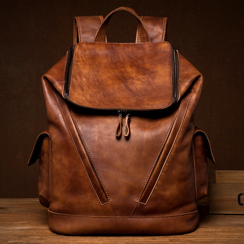 Męski luksusowy projektant plecak podróżny w stylu vintage miękki ręcznie w trudnej sytuacji koniak skórzany plecak plecak na prezenty dla torba męska