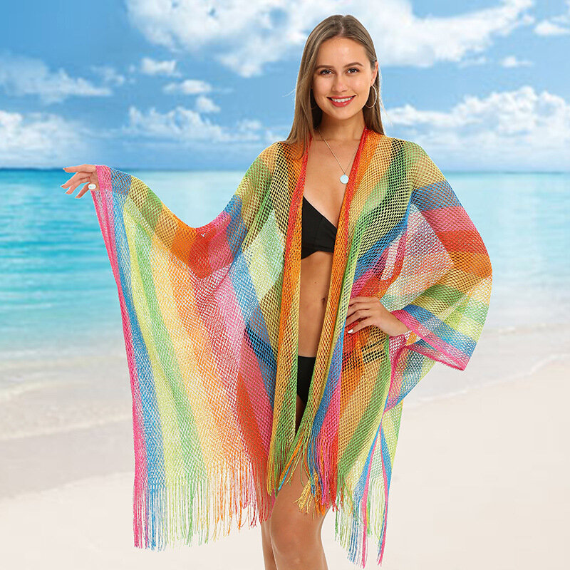 Capa de playa para mujer, Poncho tejido de malla fina, vacaciones en la playa, primavera y verano, Bikini con abertura dorada, chal