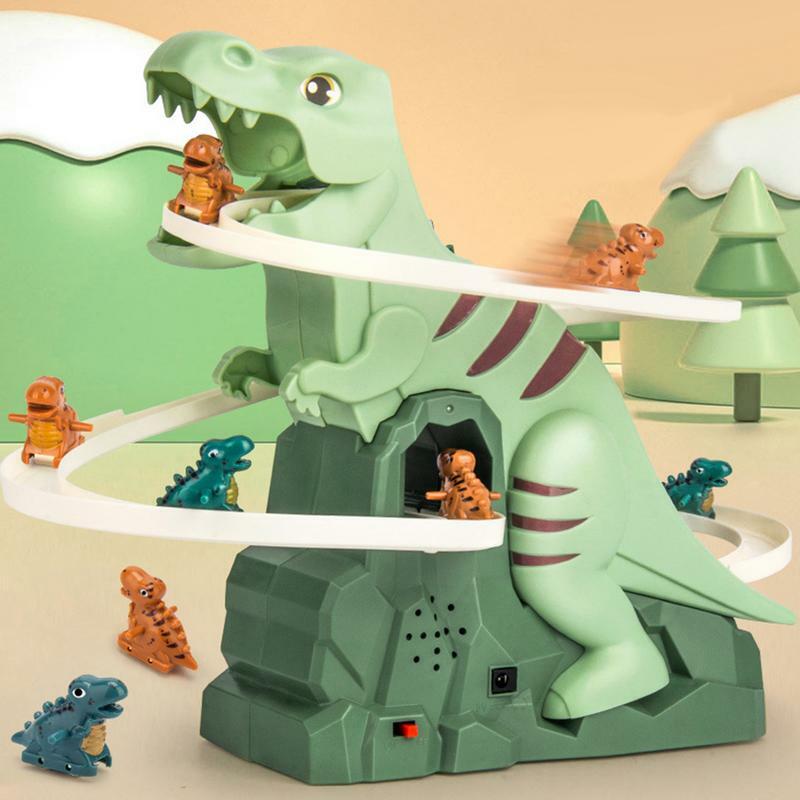Bambini elettrico simpatico cartone animato anatroccolo arrampicata scale giocattolo Tyrannosaurus Rail Car scivolo elettrico montagne russe Set regalo
