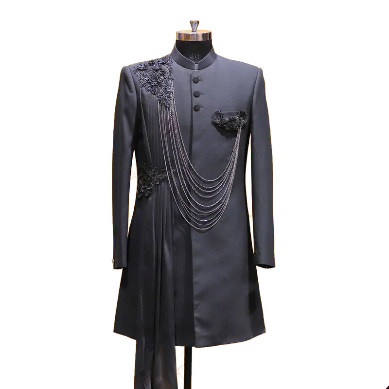 Designerski garnitury męskie smoking ze stójką aplikacje z łańcuszkiem jednorzędowe kieszenie spersonalizowane 1 sztuka szyte na miarę