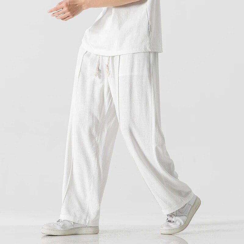 Summer Chinese Style Harem Pants Men Cotton Linen Solid Casual Trousers Mens Loose Lightweight Drawstring Full Length Pants Man