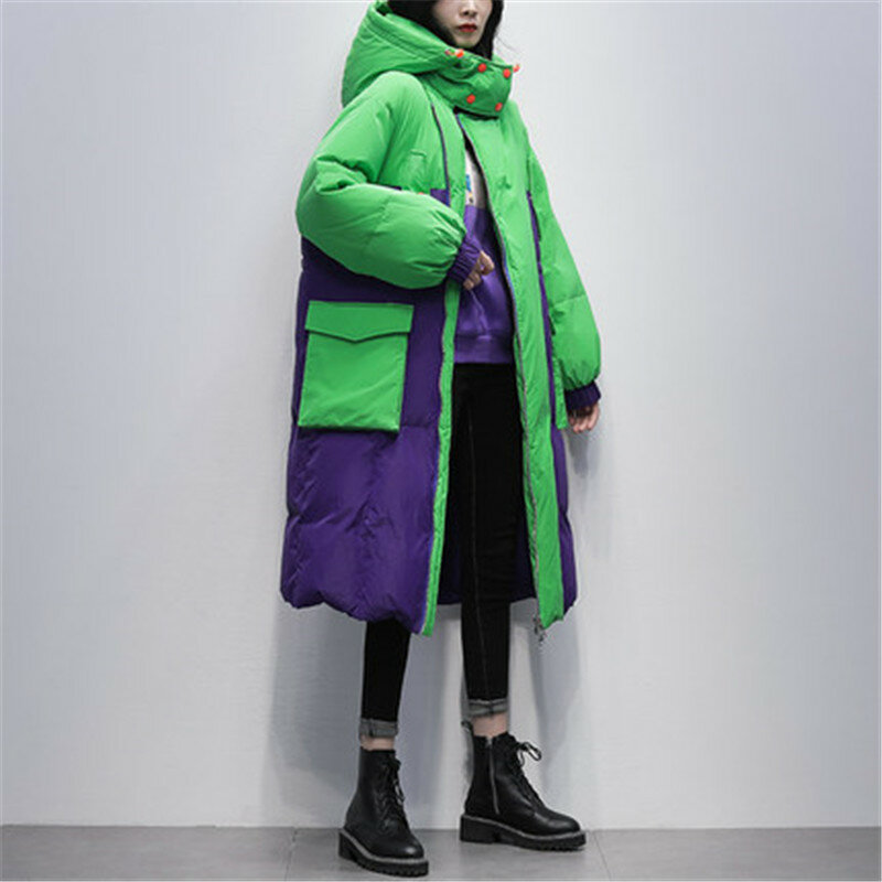 Contraste cor longa para baixo jaqueta feminina 2023 inverno novo coreano 90% pato branco para baixo casaco grosso quente feminino com capuz parka outwear