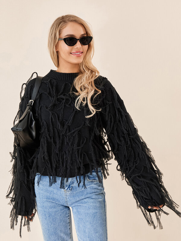 Maglione lavorato a maglia da donna Pullover a maniche lunghe top girocollo con frange con nappe maglione all'uncinetto camicetta Outwear