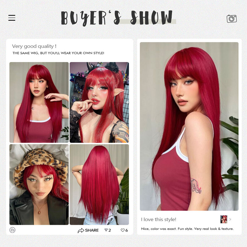 Emmor Wig merah anggur lurus panjang dengan Wig sintetik Bang untuk wanita sehari-hari pesta Cosplay Halloween rambut alami tahan panas