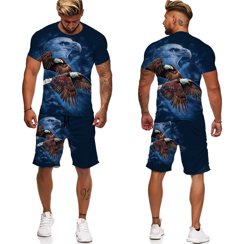 Men Tracksuit T-shirt Shorts 2 Pieces Set American Eagle 3D Printed Casual Suit Short Sleeve Streetwear Oversized Men's Clothing