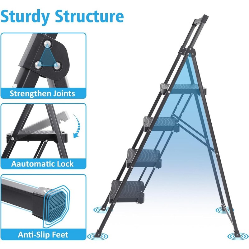 Step Ladder 4 Step Folding,4 Step Ladder with Anti-Slip Wide Pedal and Handrails,Lightwight Household Ladder, Pass 900L