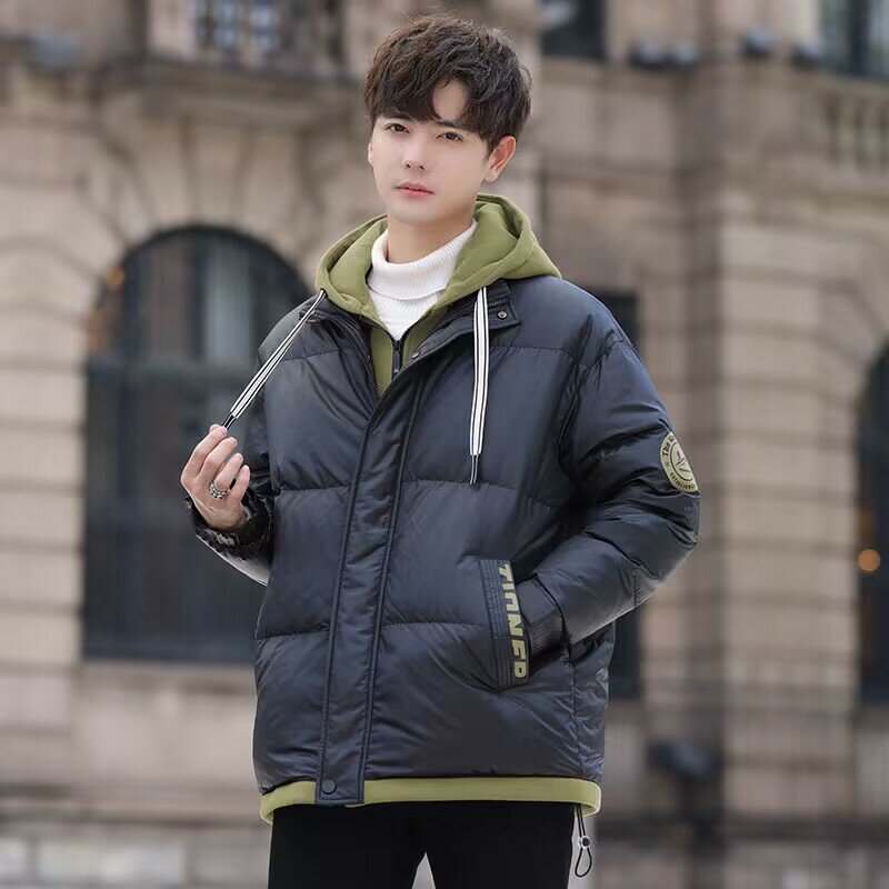 Men Fake Two-Piece Cotton-Padded Coat Winter Male Trendy College Style Loose Hooded Casual Outwear Thick Warm Large Size Outcoat