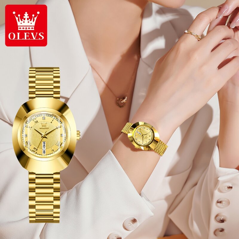 OLEVS jam tangan kuarsa emas wanita, jam tangan merek mewah baja Tungsten tali baja tahan karat tahan air modis untuk wanita