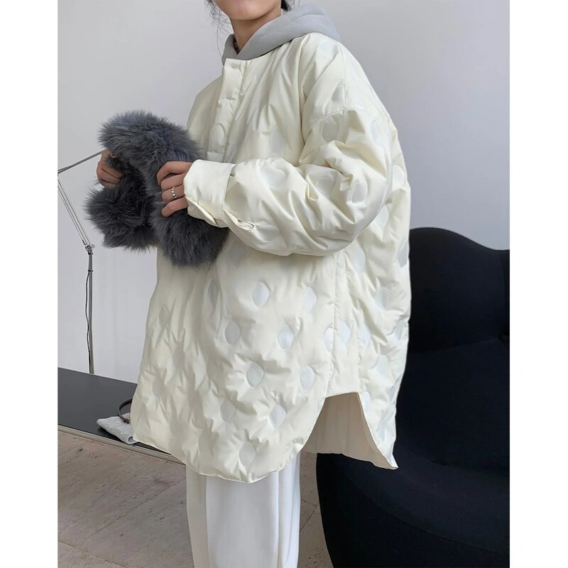 Camisa de cuello redondo en relieve para mujer, chaqueta de plumón, abrigo de algodón suelto, abrigo adelgazante, perfil de diseño de invierno
