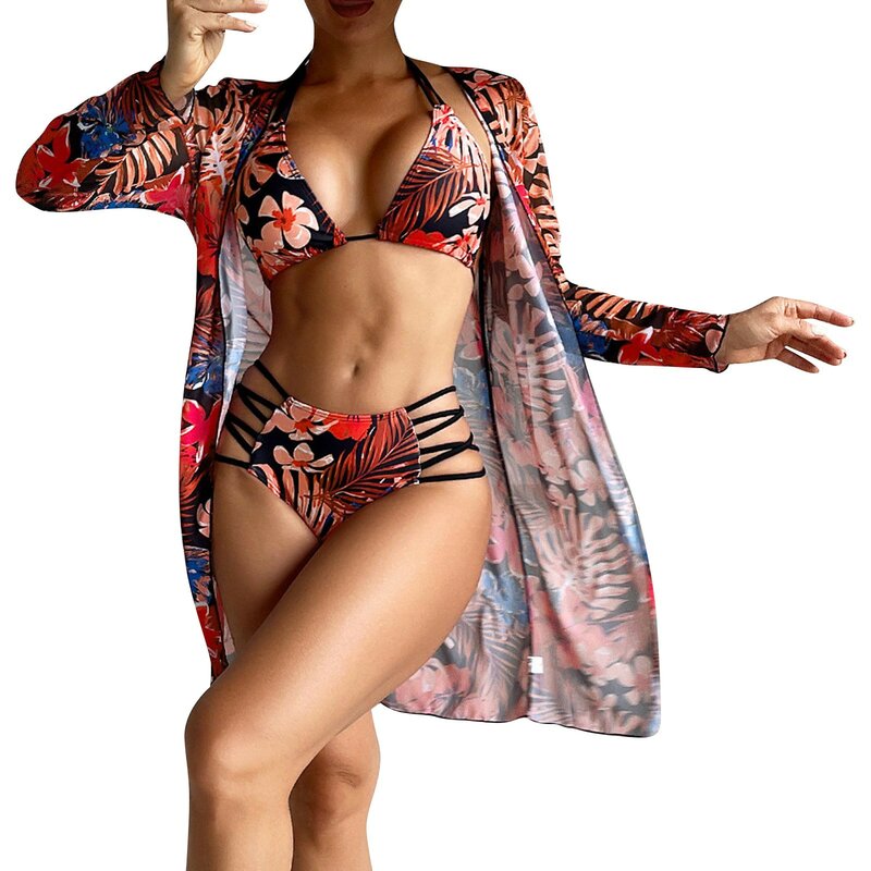 Traje de baño de 3 piezas para mujer, conjunto de Bikini Sexy acolchado con malla de manga larga, ropa de baño brasileña para playa, 2024