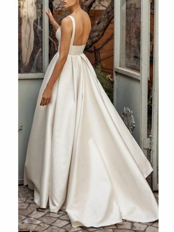 เรียบง่ายและแฟชั่นซาตินกับกระเป๋า2022 Vestido De Matrimonio ชั้นความยาวชุดเจ้าสาว Robe Mariage