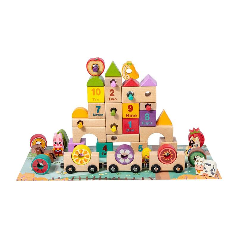 Set blok bangunan kayu, mainan Montessori untuk hadiah ulang tahun Tahun Baru