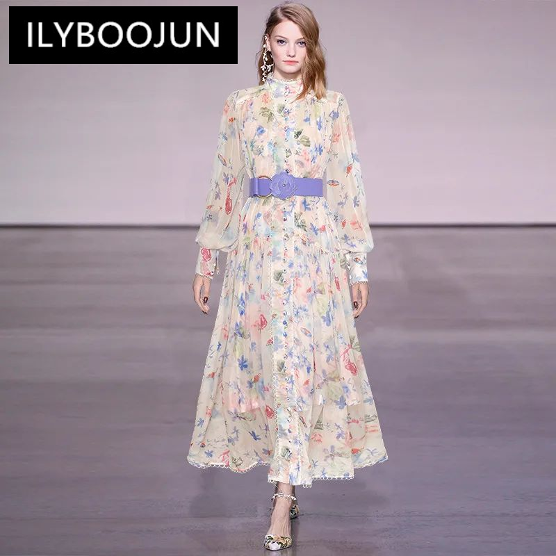 ILYBOOJUN Fashion Designers Spring Summer Woman's dress Stand up collar Lantern Sleeves Single breasted Belt Loose Print Dresses