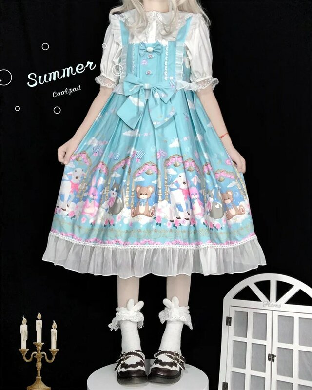 Japanese Dream Lolita Jsk Dress Women Kawaii Cute Cartoon Print Bow Ruffles Strap Dresses Girl Sweet Princess Party Dresses