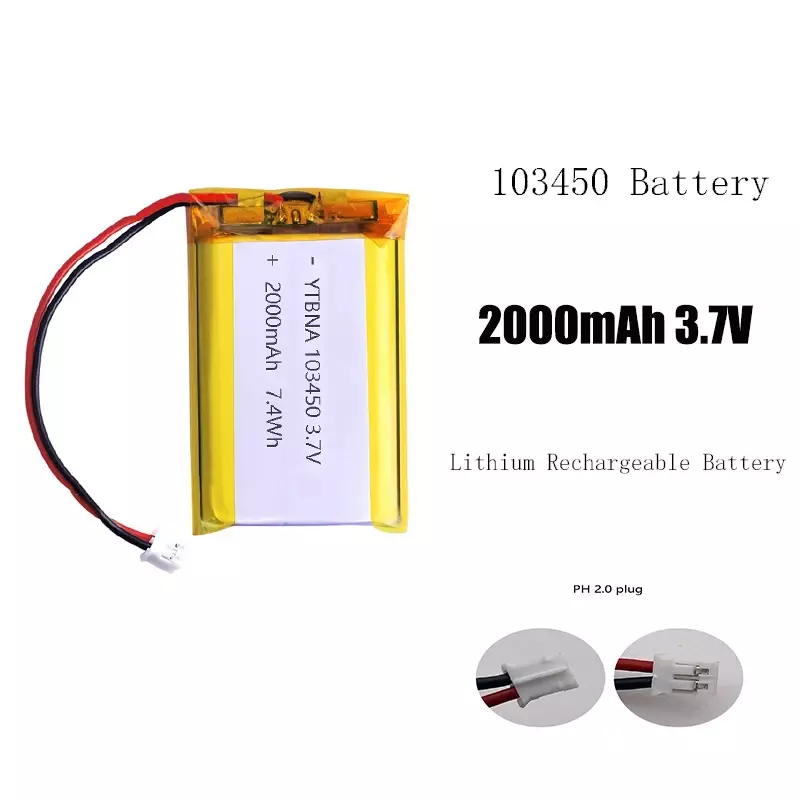 Bateria de Lítio de Polímero Recarregável, 3.7V, 103450, 2000mAh, para PS4, Câmeras, GPS, Alto-falantes Bluetooth, Alta Capacidade