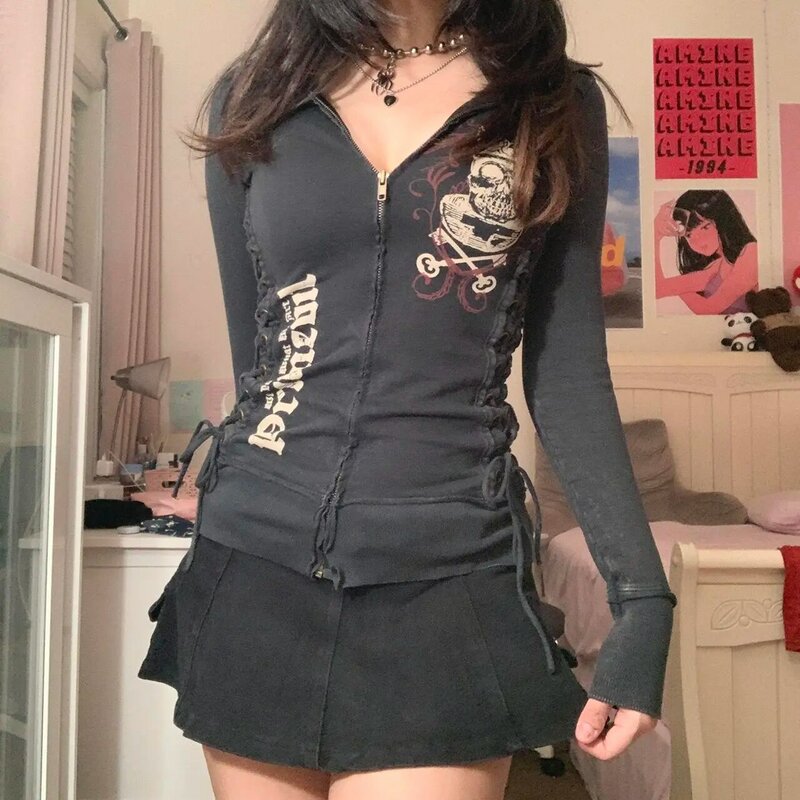Dourgesty-moletons vintage com zíper de bandagem para mulheres, estampa estética, tops de manga comprida, jaquetas retrô, roupas grunge, anos 2000