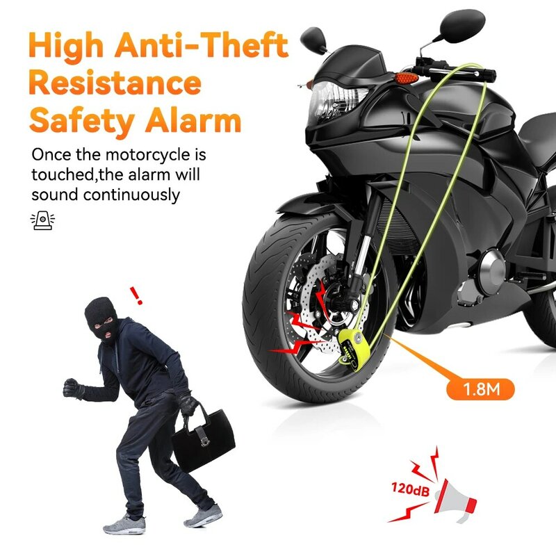 Ouspow-Recarregável Anti-Theft Motocicleta Lock, Alarme 120dB, Freio a disco Locks, Segurança Roda Disco Lock, impermeável com cabo de 1,8 m