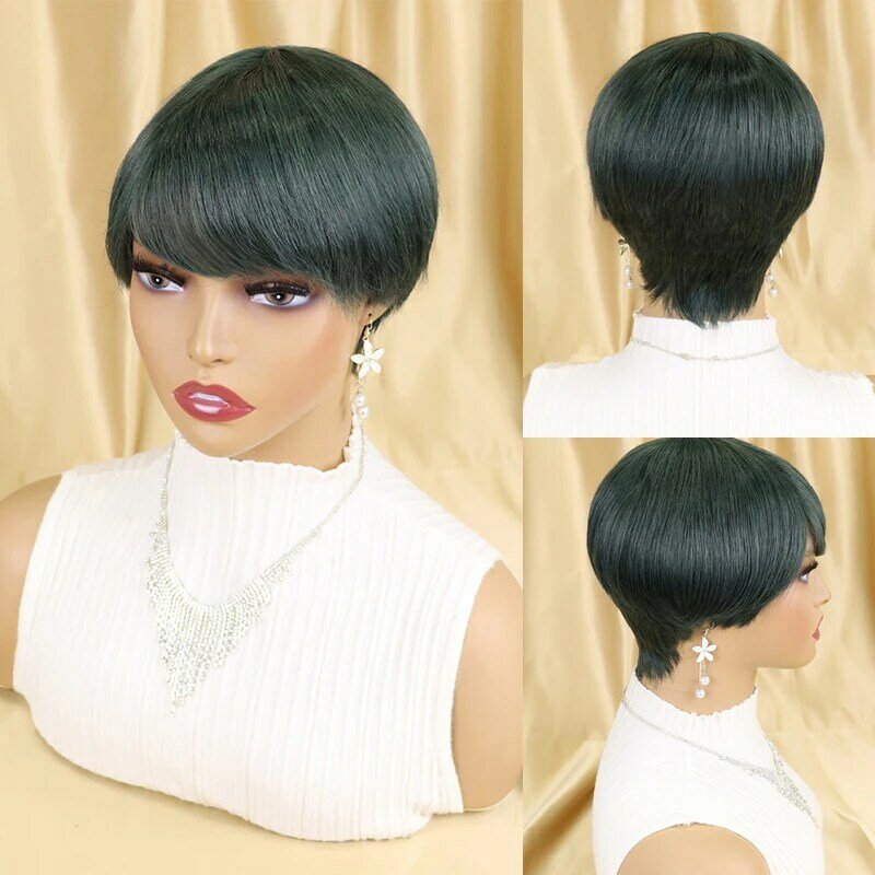 Pelucas de cabello humano ondulado de corte corto Pixie para mujer, pelo Remy brasileño sin pegamento de Color negro Natural, completamente hechas a máquina