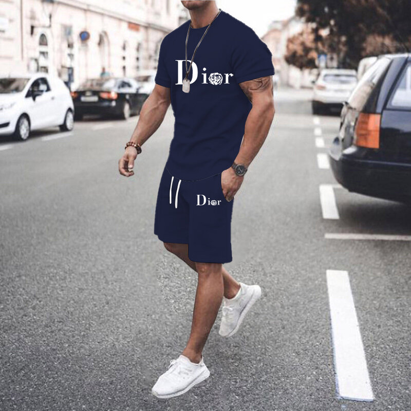Summer T-shirt Suit Men's Short Sleeve + Shorts 2 Piece Sets Fashion Patchwork Printed Tracksuit Classic Style Outdoor Sport Kit