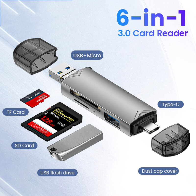 6 in 1 Card Reader USB3.0 Lecteur de carte 6 en 1 USB 3.0 vers Type C, Micro USB, Adaptateur OTG Universel, Adaptateur Multifonctionnel SD TF, Transmission Haute Vitesse