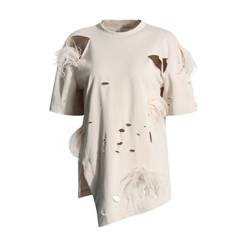 Camiseta irregular elegante de penas, top manga curta, patchwork angustiado, novo produto, design de nicho, 2024